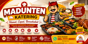 Banner header MADUNTEN KATERING dengan desain modern berwarna hijau dan emas menampilkan logo MADUNTEN KATERING, layanan catering harian, catering kantor, catering acara, prasmanan, nasi box, kambing guling, serta hidangan berkualitas dengan layanan profesional untuk wilayah Bangkalan dan sekitarnya. Title