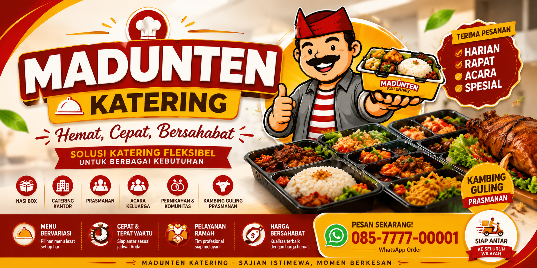 Banner header MADUNTEN KATERING dengan desain modern berwarna hijau dan emas menampilkan logo MADUNTEN KATERING, layanan catering harian, catering kantor, catering acara, prasmanan, nasi box, kambing guling, serta hidangan berkualitas dengan layanan profesional untuk wilayah Bangkalan dan sekitarnya. Title