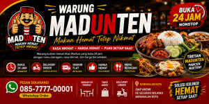 Banner Warung MADUNTEN 24 Jam dengan desain merah dan hitam menampilkan logo MADUNTEN, aneka menu khas Nusantara seperti nasi pecel, nasi telur, nasi campur, mie goreng, ayam geprek, dan nasi goreng. Banner juga menampilkan layanan makan di tempat, take away, delivery order, ongkir flat Rp10.000 untuk Bangkalan Kota, serta slogan "Makan Hemat Tetep Nikmat" dan informasi WhatsApp 085-7777-00001