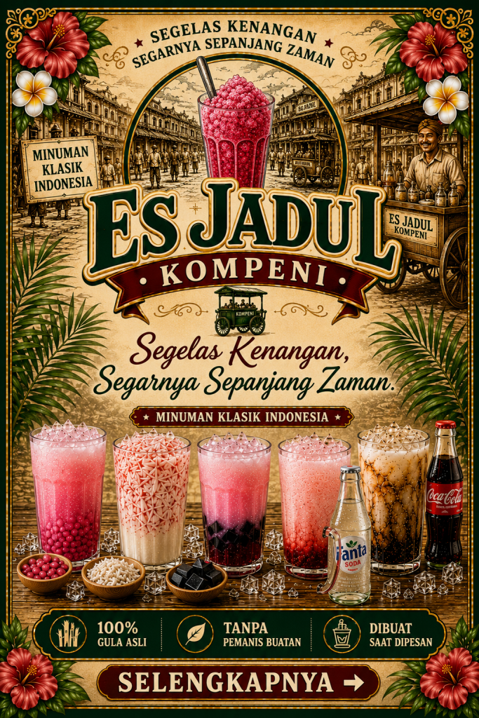 Poster vertikal vintage ES Jadul Kompeni dengan nuansa klasik Indonesia, menampilkan lima varian minuman yaitu Es Jadul Kompeni, Es Kopyor Batavia, Es Cao VOC, Es Soda Gembira Gerilya, dan Es Mega Mendung Romusha. Mengusung slogan "Segelas Kenangan, Segarnya Sepanjang Zaman" dengan ilustrasi suasana kota tempo dulu, gerobak minuman tradisional, ornamen bunga tropis, serta keunggulan 100% gula asli, tanpa pemanis buatan, dan dibuat saat dipesan.