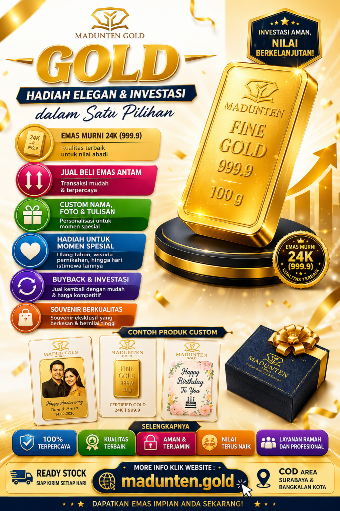 Poster promosi MADUNTEN GOLD menampilkan layanan jual beli emas Antam, custom gold gift & souvenir, update harga emas Antam 2026, buyback, investasi emas, serta layanan COD Surabaya dan Bangkalan dengan website madunten.gold.